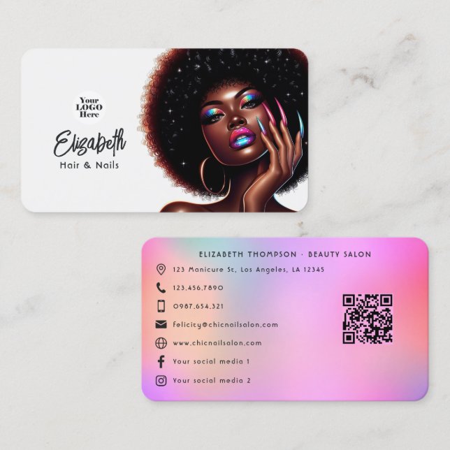 Tarjeta De Visita Faux Holographic Afro Queen Hair y Nails Salon (Anverso / Reverso)