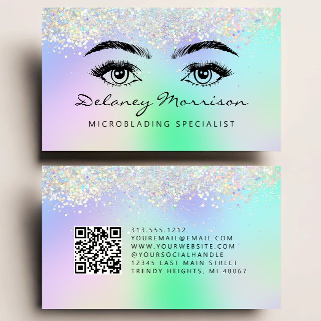 Tarjeta De Visita Faux Holographic Glitter Eyes QR Code Microblading (Subido por el creador)