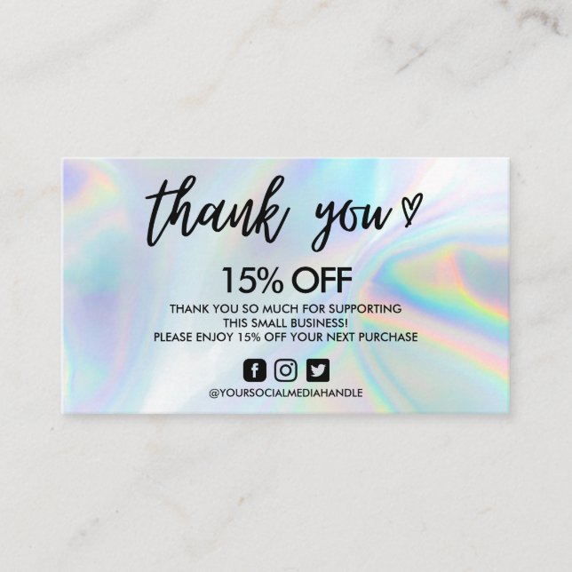Tarjeta De Visita Faux Holographic Gracias Corazón (Anverso)