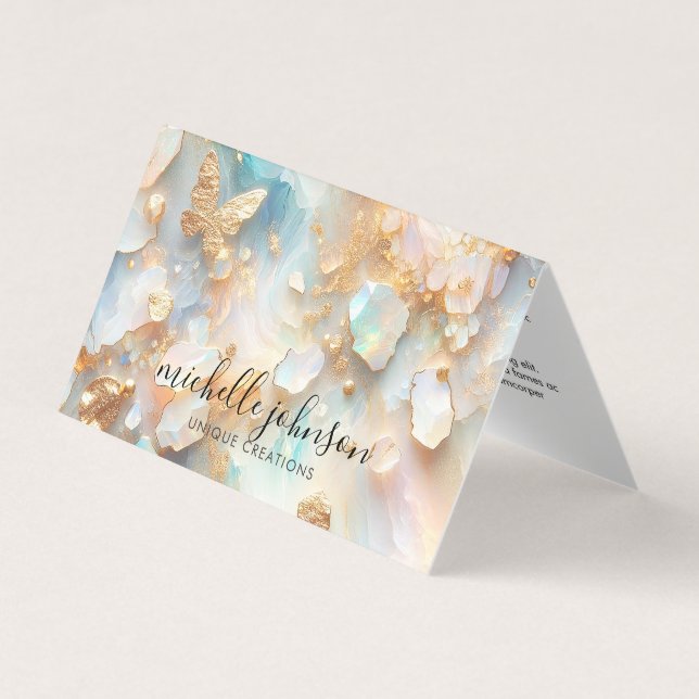 Tarjeta De Visita Faux Holographic Opal Moonstone Gold Butfly (Anverso)
