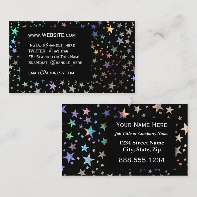 Tarjeta De Visita Faux Holographic Rainbow Stars Professional Black (Anverso / Reverso)