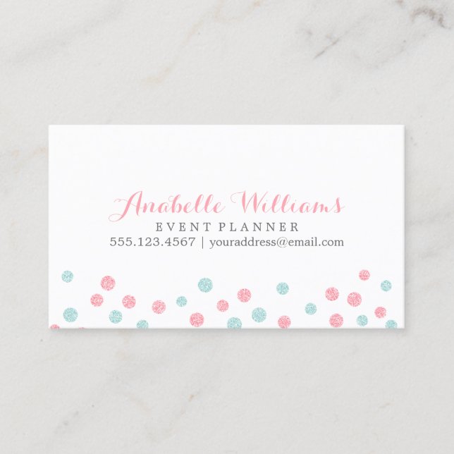 Tarjeta De Visita Faux Mint and Pink Purpurina Confetti Dots (Anverso)