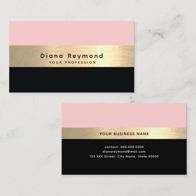 Tarjeta De Visita Faux moderno raya de oro negro rosa (Anverso / Reverso)