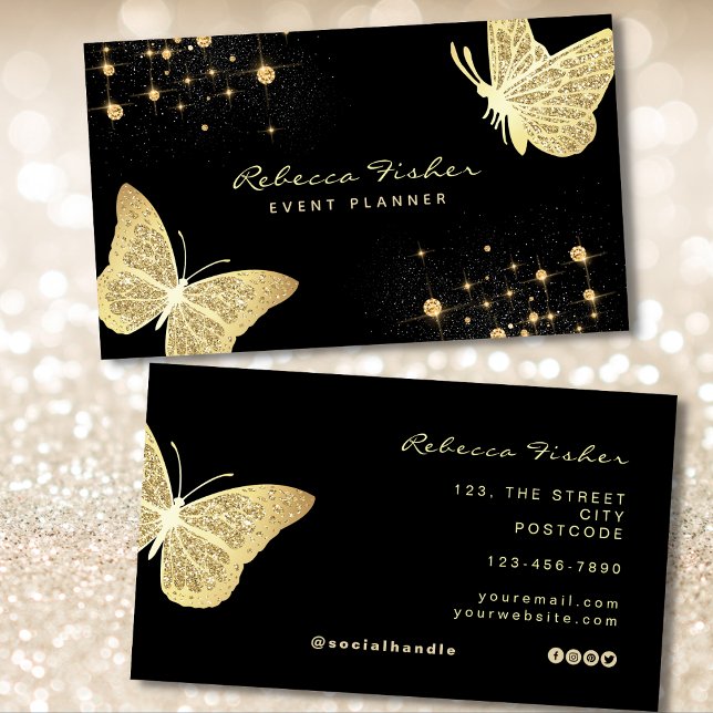 Tarjeta De Visita Faux Pale Ivory Gold Butterfly Sparkle (Gold & Black Business Card)