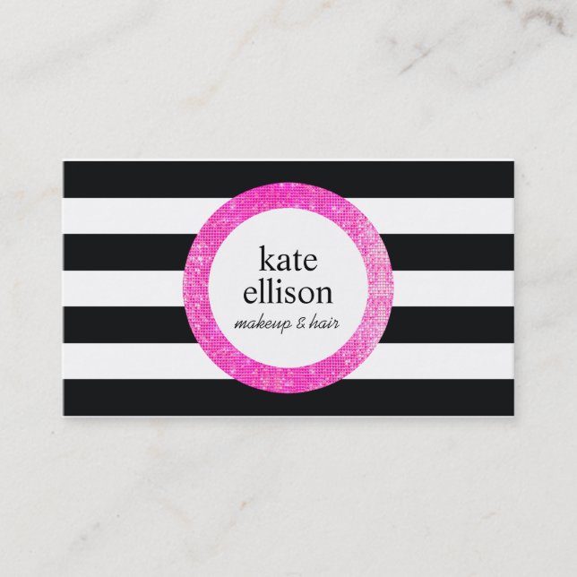 Tarjeta De Visita Faux Pink Sequin Black and White Striped Beauty (Anverso)