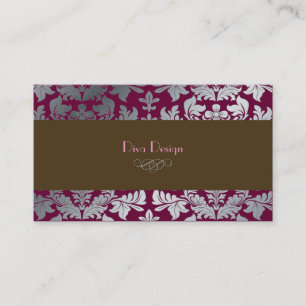 Tarjeta De Visita Faux plata barroco damasco en merlot + chocolate