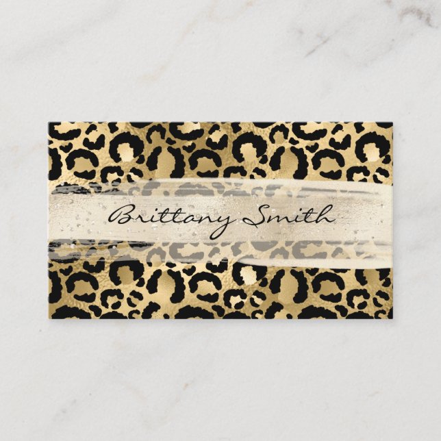 Tarjeta De Visita Faux Relieve metalizado dorado Leopard Champagne B (Anverso)