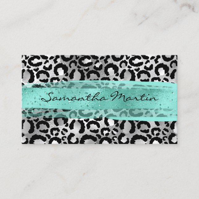 Tarjeta De Visita Faux Relieve metalizado plateado Leopard Spot Aqua (Anverso)