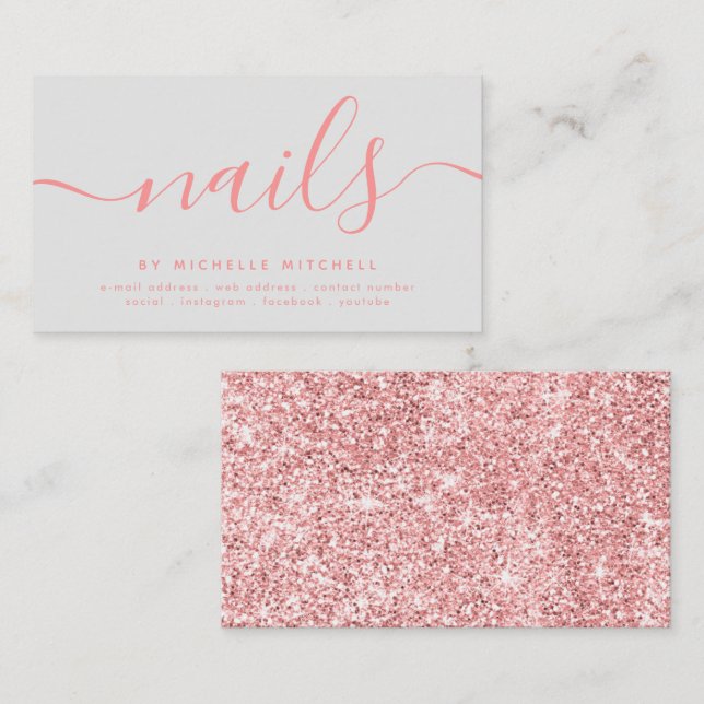 Tarjeta De Visita Faux Rosa Gold Purpurina Nail Technician Gray  (Anverso / Reverso)