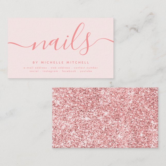 Tarjeta De Visita Faux Rosa Gold Purpurina Nail Technician Rubor  (Anverso / Reverso)