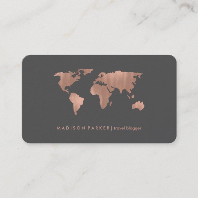 Tarjeta De Visita Faux Rosa Gold World Map on Smoky Gray (Anverso)