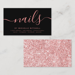 Tarjeta De Visita Faux Rosa Purpurina de oro Nail Technician Black 
