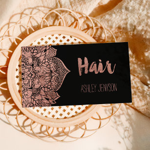 Tarjeta De Visita Faux rose gold boho floral mandala hair typography