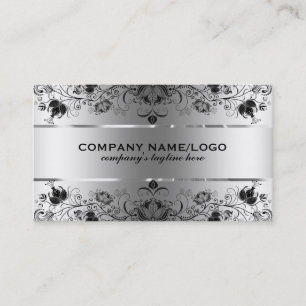 Tarjeta De Visita Faux Silver metálico con encaje negro