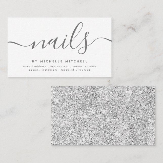 Tarjeta De Visita Faux Silver Purpurina Nail Technician White  (Anverso / Reverso)