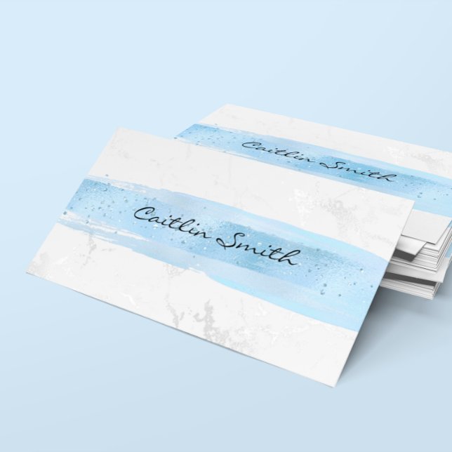 Tarjeta De Visita Faux Silver Relieve metalizado blanco Marble Blue  (Silver White Foil Marble Blue Brush Stroke Business Card)