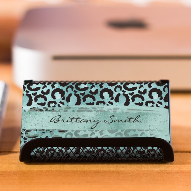 Tarjeta De Visita Faux Turquoise Relieve metalizado Verde azulado Le (Turquoise Teal Foil Leopard Aqua Brush Stroke Business Card)