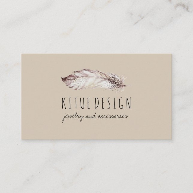Tarjeta De Visita Feather Boho Girly Feminine Beige Gray (Anverso)