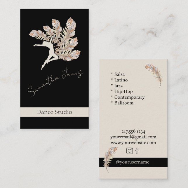 Tarjeta De Visita Feather Studio de baile personalizado (Anverso / Reverso)