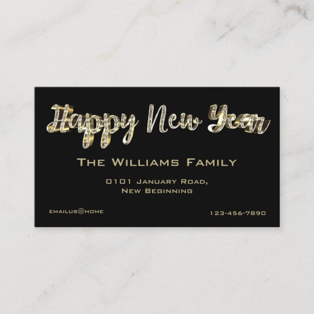Tarjeta De Visita Feliz Año Nuevo Elegante Moda Negro y Gold Script (Anverso)