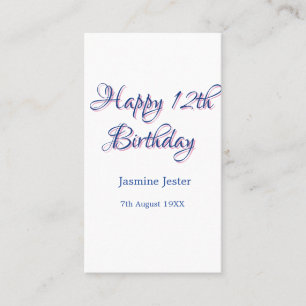 Tarjeta De Visita feliz cumpleaños 12 azul rosa nombre fecha simple 