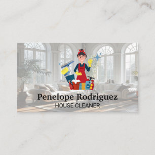 Tarjeta De Visita Feliz Dama de Limpieza con su equipo