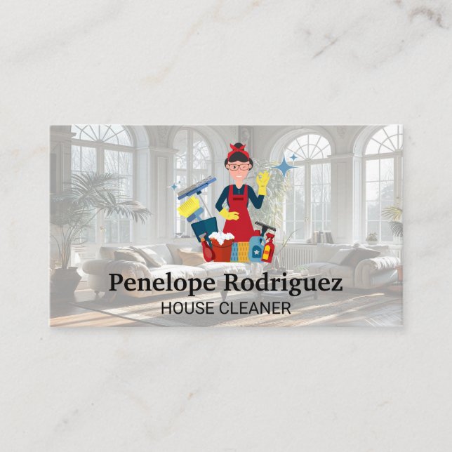 Tarjeta De Visita Feliz Dama de Limpieza con su equipo (Anverso)