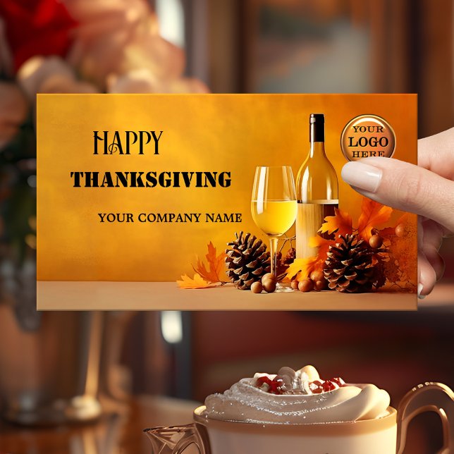 Tarjeta De Visita Feliz Día de Acción de Gracias Otoño (A seasonal business card featuring wine with pine cones and autumn leaves - Thanksgiving - fall)