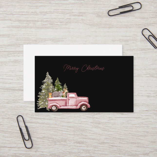 Tarjeta De Visita Feliz Navidad Granja Rosa Camión Árboles de Navida (Anverso/Reverso In Situ)