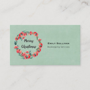 Tarjeta De Visita Feliz Navidad Rojo Floral Agua Wreath