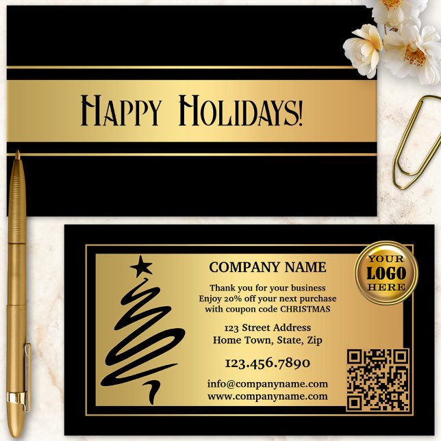Tarjeta De Visita Feriados de Navidades negros de oro Gracias (Stylish gold and black Christmas Holidays Thank You business card with a Christmas tree outline)