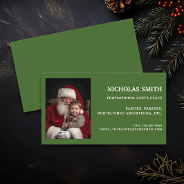 Tarjeta De Visita Festive Green Professional Santa Claus Photo