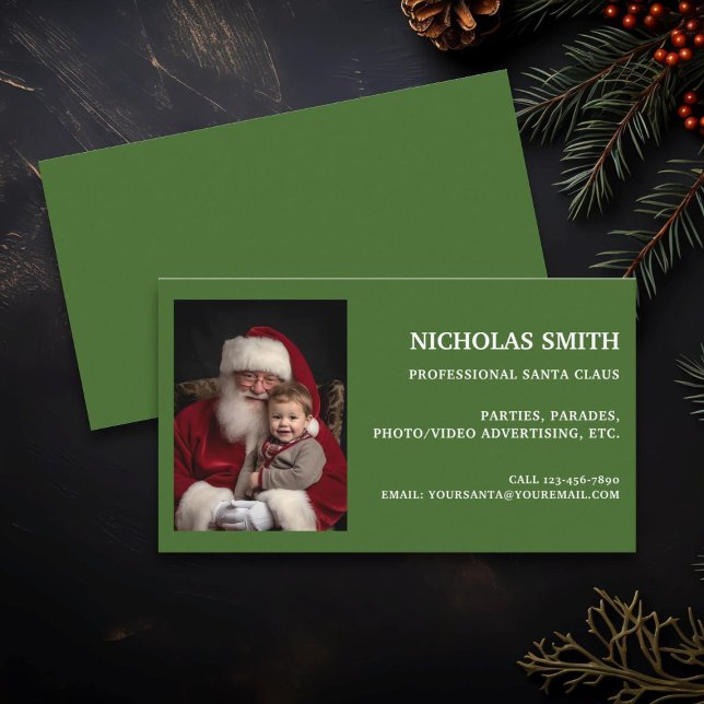 Tarjeta De Visita Festive Green Professional Santa Claus Photo (Subido por el creador)