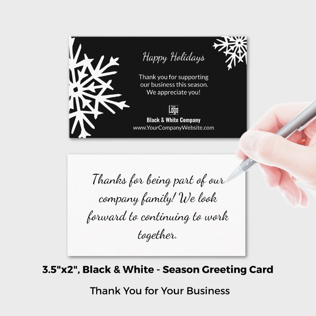 Tarjeta De Visita Festividades clásicas de Snowflake en blanco y neg (Bold Snowflake Black & White Holiday Thank You Business Card; Size: 3.5x2 Inch (US))
