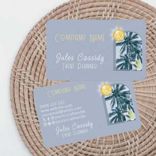 Tarjeta De Visita Fiesta Cocktail Disco Ball Palm Blue Event Planner