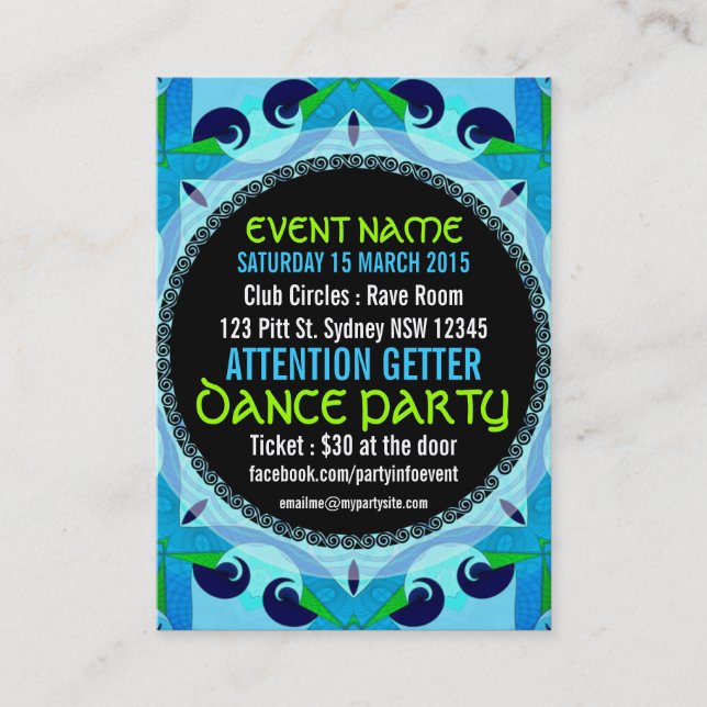 Tarjeta De Visita Fiesta de eventos de deco azul Mini volantes (Anverso)