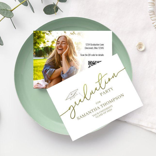 Tarjeta De Visita Fiesta de foto de título de graduado Insertar (Graduation gold calligraphy script party insert card with photo. )