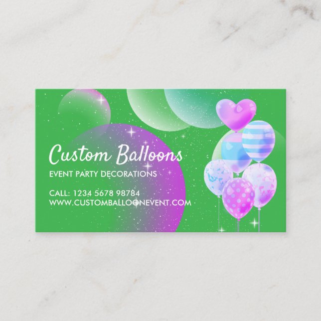 Tarjeta De Visita Fiesta del evento Globos Decoración Verde (Anverso)