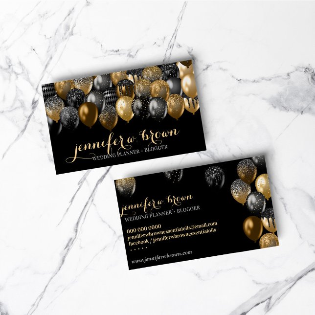 Tarjeta De Visita Fiesta Evento Organización Globo de Oro Negro (Party Event Organisation Gold Black Balloon Business Card)