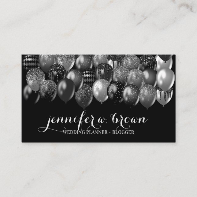 Tarjeta De Visita Fiesta Evento Planner Silver Bling Globos (Anverso)