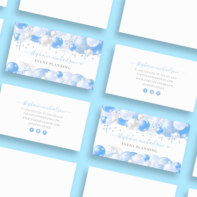 Tarjeta De Visita Fiesta Planner Balón blanco azul (Party Planner Blue White Balloon Business Card)