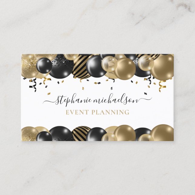 Tarjeta De Visita Fiesta Planner Black Gold Balloon (Anverso)