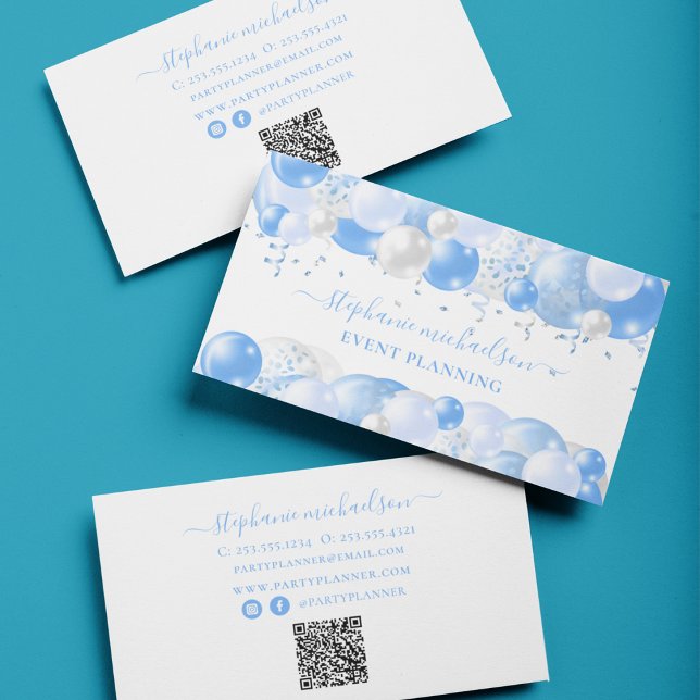 Tarjeta De Visita Fiesta Planner Blue White Balloon QR Code (Party Planner Blue White Balloon QR Code Business Card)