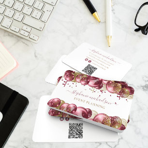 Tarjeta De Visita Fiesta Planner Burgundy Gold Balloon QR Code
