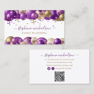 Tarjeta De Visita Fiesta Planner Purple Gold Balloon QR Code
