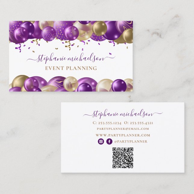 Tarjeta De Visita Fiesta Planner Purple Gold Balloon QR Code (Anverso / Reverso)
