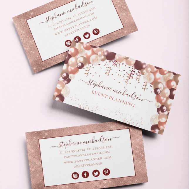 Tarjeta De Visita Fiesta Planner Rosa Globo Purpurina de oro (Party Planner Rose Gold Glitter Balloon Business Card)