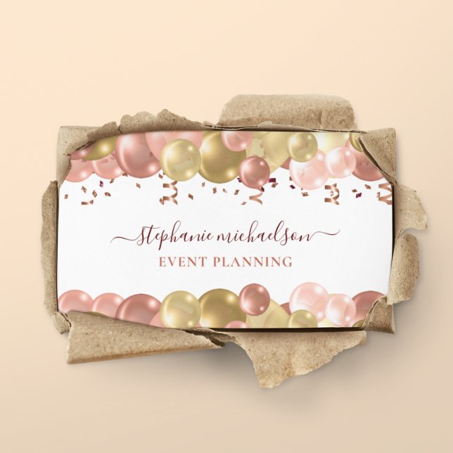 Tarjeta De Visita Fiesta Planner Rosa Gold Balloon QR Code (Party Planner Rose Gold Balloon QR Code Business Card)