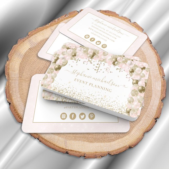 Tarjeta De Visita Fiesta Planner Rubor Purpurina de oro rosa (Party Planner Blush Pink Gold Glitter Balloon Business Card)