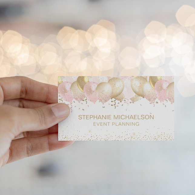 Tarjeta De Visita Fiesta Planner Rubor Purpurina de oro rosa (Party Planner Blush Pink Gold Glitter Balloon Business Card)